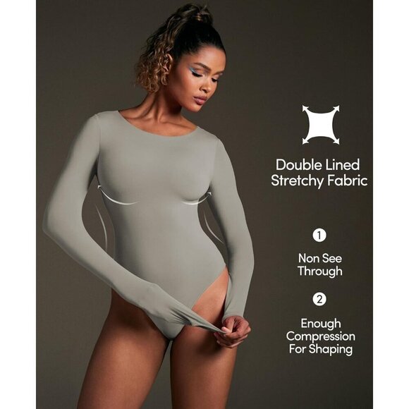 Long Sleeve Bodysuit Elephant Gray Sexy Crew Neck Layering Top Fall Winter - Picture 2 of 4